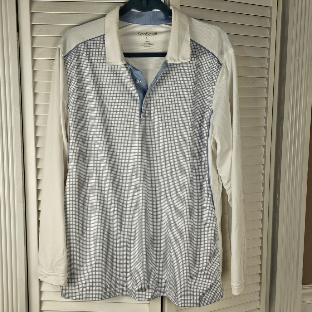 San Soleil Mens Blue White Check UPF 50 Long‎ Sleeve Polo Golf Shirt Large